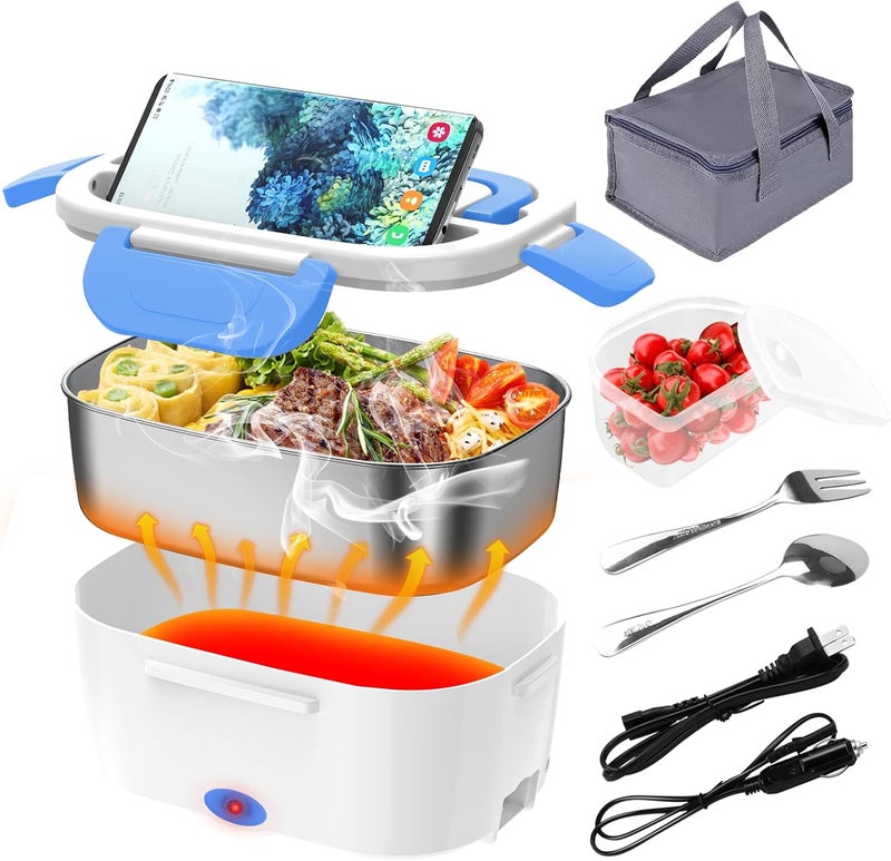 CHARMDOO Electric Lunch Box, Food Warmer Heater 12V 24V 110V, 80W Faster Heated Lunch Box for Car/Truck/Home Portable Heating Boxes with 1.5L 304 SS Container Fork & Spoon, White+Blue - Image 1